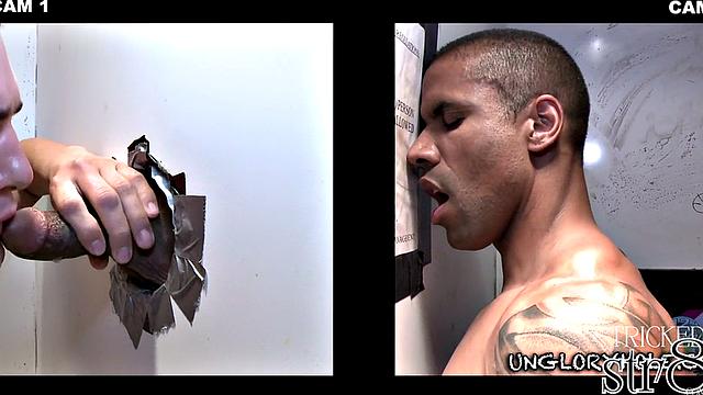 Black jock sucked in gay gloryhole till cum in mouth