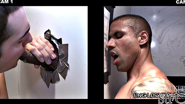 Black jock sucked in gay gloryhole till cum in mouth
