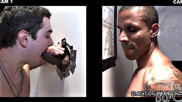 Black jock sucked in gay gloryhole till cum in mouth
