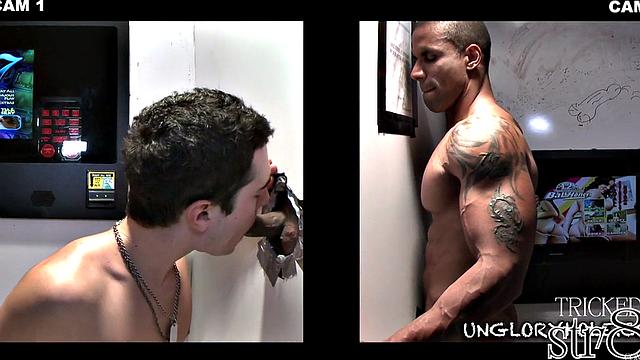 Black jock sucked in gay gloryhole till cum in mouth