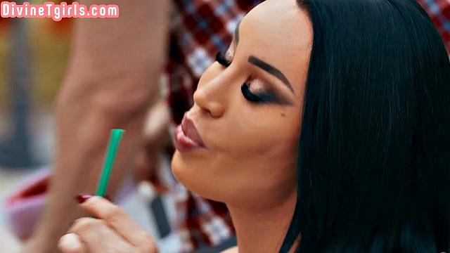 Busty trans deepthroating outdoors