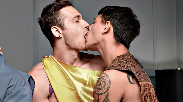 Cosplay studs and jocks enjoy anal in bareback orgy