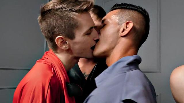 Cosplay studs and jocks enjoy anal in bareback orgy