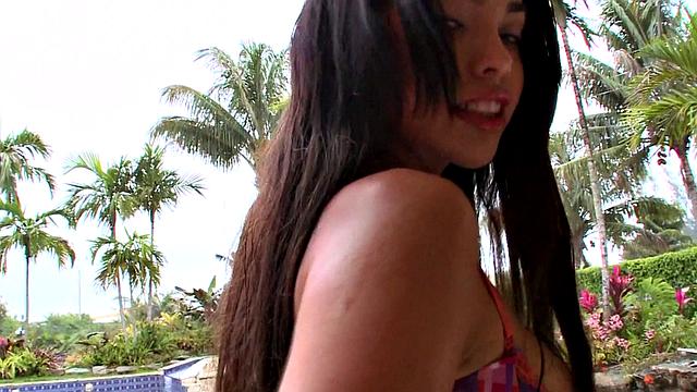 Sasha loses lingerie and fingers her tight, wet cunt outdoors.