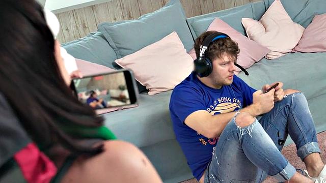 Backpacking babe banged by gamer in her tight pussy