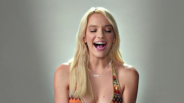 Busty blonde babe fingers pussy