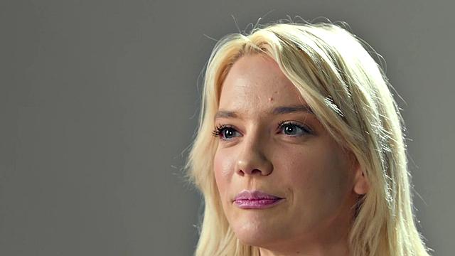 Busty blonde babe fingers pussy