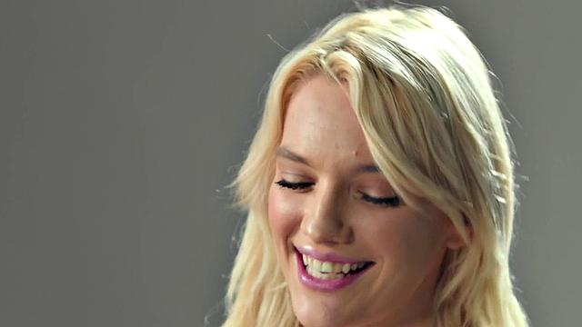 Busty blonde babe fingers pussy