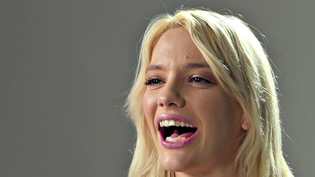 Busty blonde babe fingers pussy