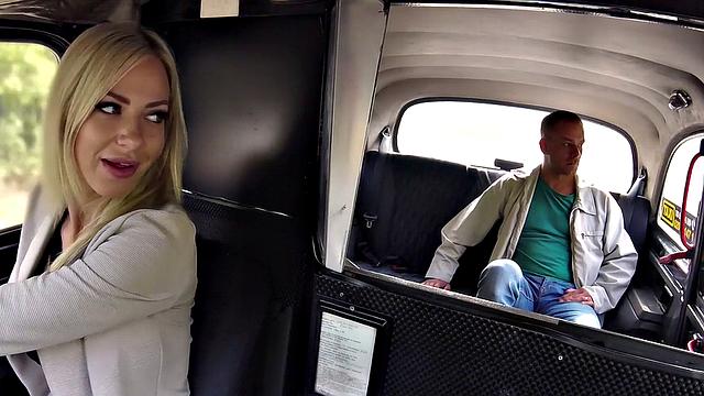 Hot blonde bombshell fucks her driver in reverse cowgirl & gets a cumshot on her tits