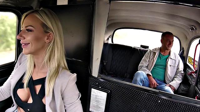 Hot blonde bombshell fucks her driver in reverse cowgirl & gets a cumshot on her tits