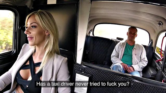 Hot blonde bombshell fucks her driver in reverse cowgirl & gets a cumshot on her tits