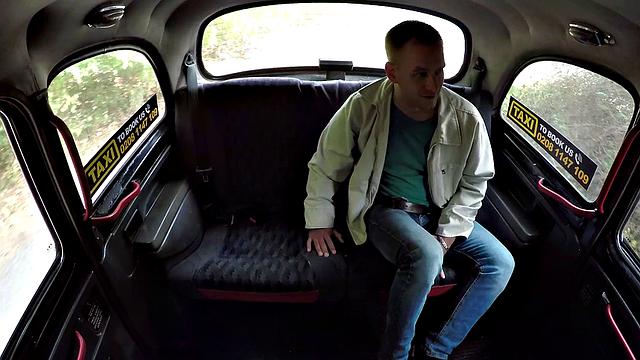 Hot blonde bombshell fucks her driver in reverse cowgirl & gets a cumshot on her tits