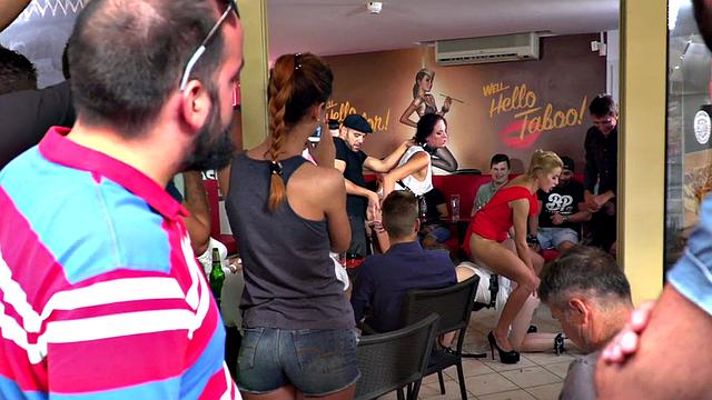 Public BDSM sluts fucked and pissed in voyeuristic party