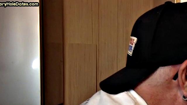 Homemade gloryhole gaydaddy sucks cock in closeup