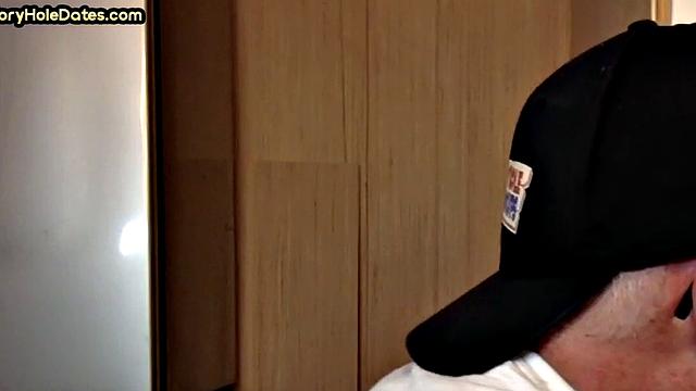 Homemade gloryhole gaydaddy sucks cock in closeup