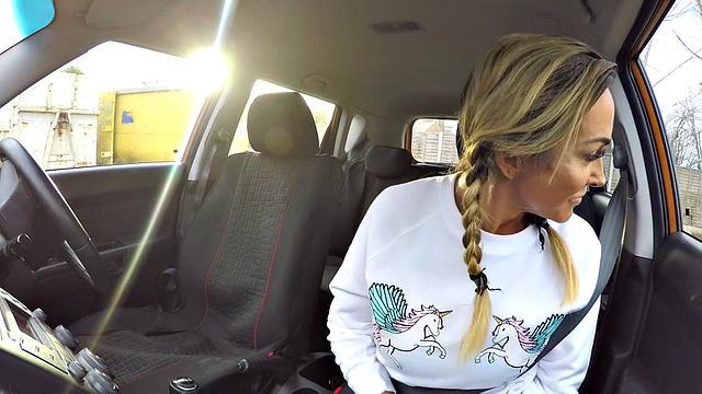 Bigtitted driving babe sucks off and rides tutor