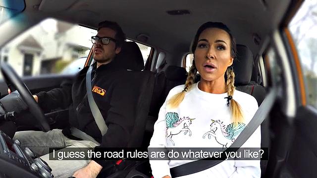 Bigtitted driving babe sucks off and rides tutor