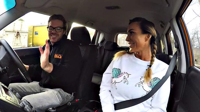 Bigtitted driving babe sucks off and rides tutor