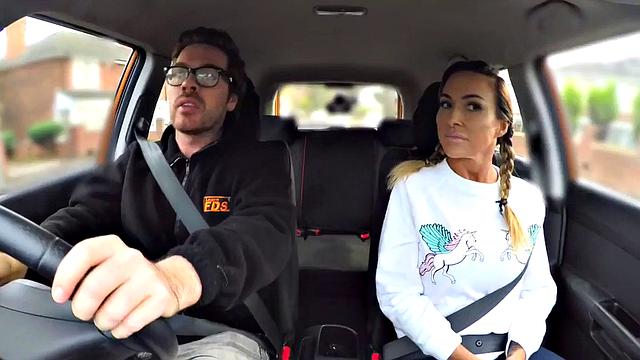 Bigtitted driving babe sucks off and rides tutor
