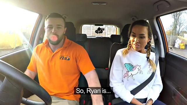 Bigtitted driving babe sucks off and rides tutor