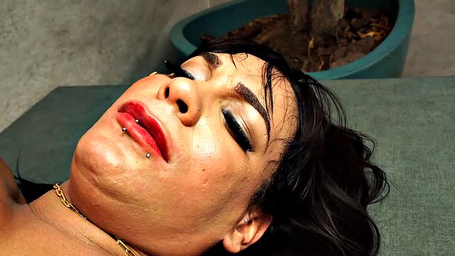 Busty roundass Tranny riding lover while wanking cock