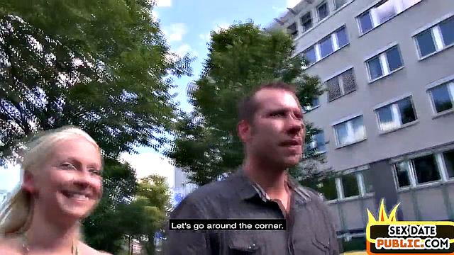 Public German babe rides cocks in outdoor Gonzo 3some