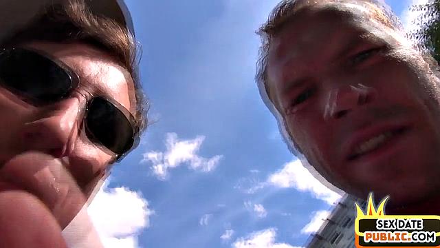 Public German babe rides cocks in outdoor Gonzo 3some