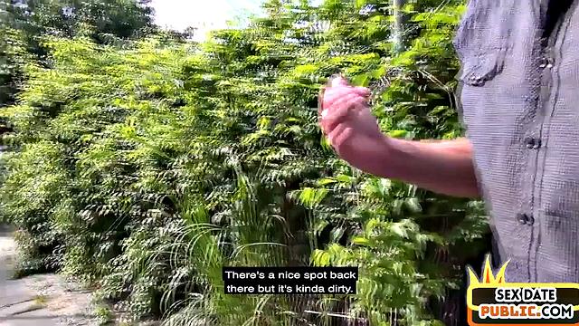 Public German babe rides cocks in outdoor Gonzo 3some