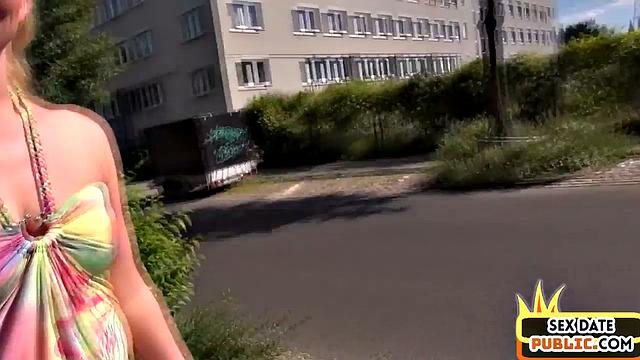 Public German babe rides cocks in outdoor Gonzo 3some