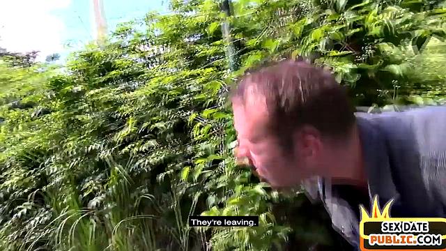 Public German babe rides cocks in outdoor Gonzo 3some