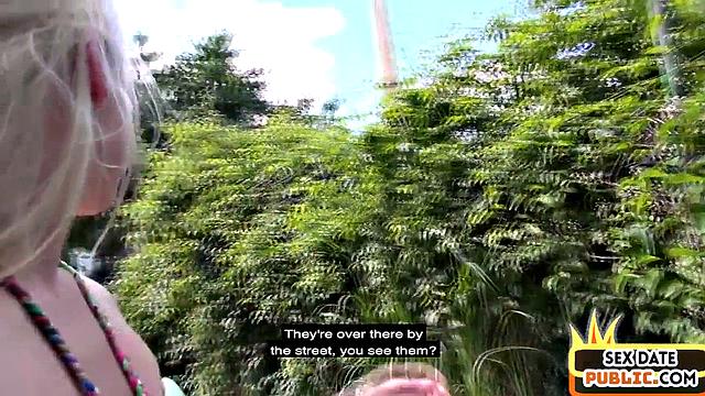 Public German babe rides cocks in outdoor Gonzo 3some