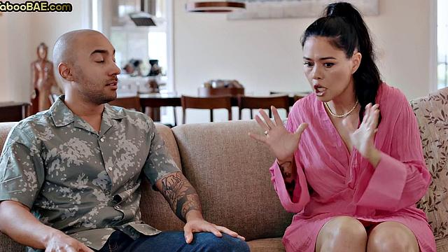 Stunning Asian babe sucks cock and gets doggystyled in 3way