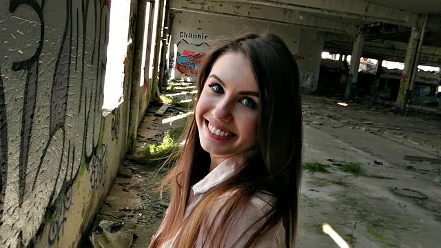 Watch this Ukrainian beauty get her bald pussy pounded in public by a hung dude