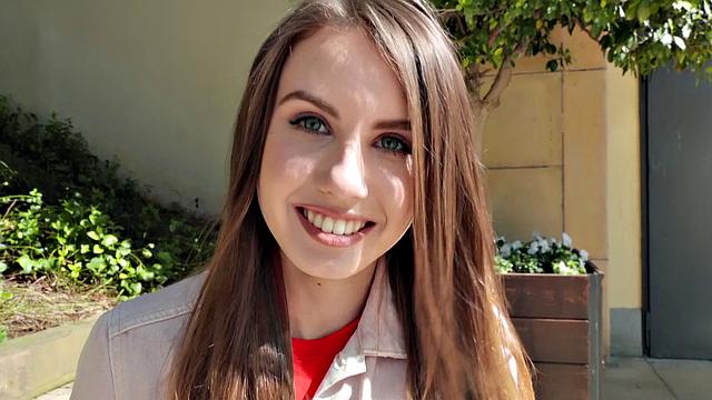 Watch this Ukrainian beauty get her bald pussy pounded in public by a hung dude