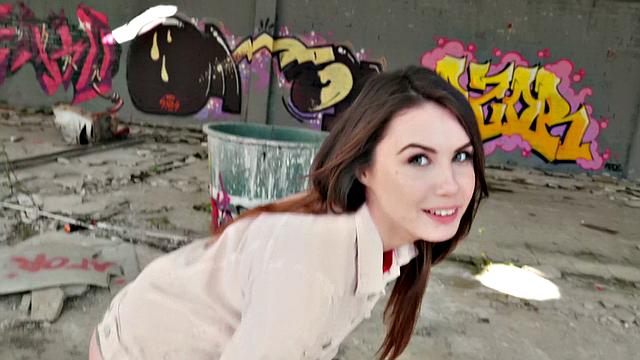 Watch this Ukrainian beauty get her bald pussy pounded in public by a hung dude