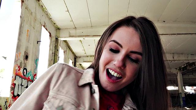 Watch this Ukrainian beauty get her bald pussy pounded in public by a hung dude