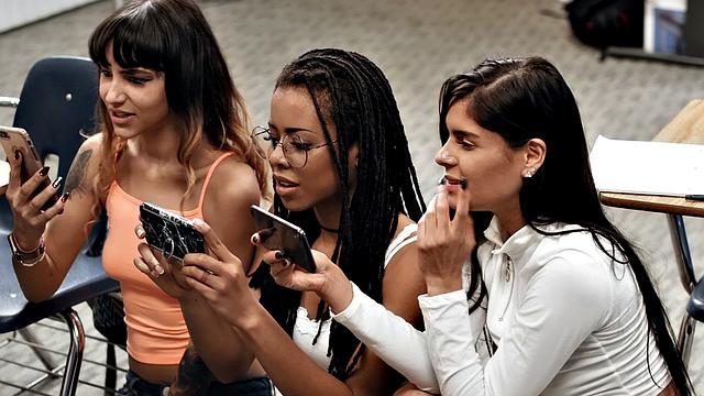 Hot Latina in stockings & skirt with small tits takes on two teachers with huge dicks