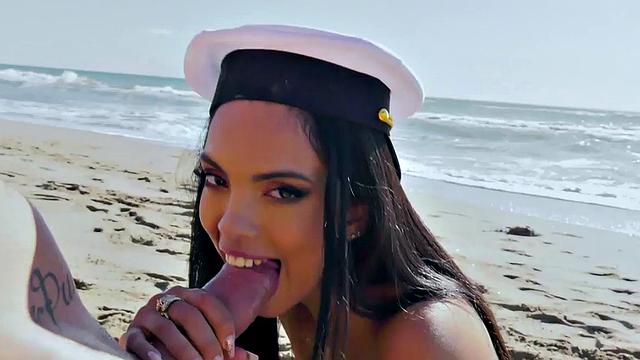 Big-titted Latina with tattoos gets pounded on the beach in POV