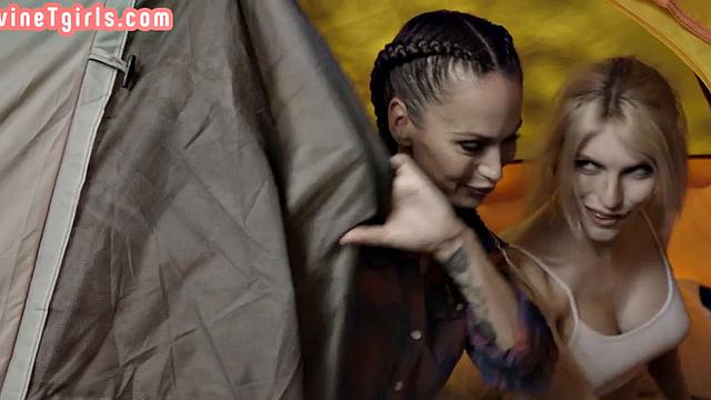 Big-titted TS babe ramming MILF after deepthroat