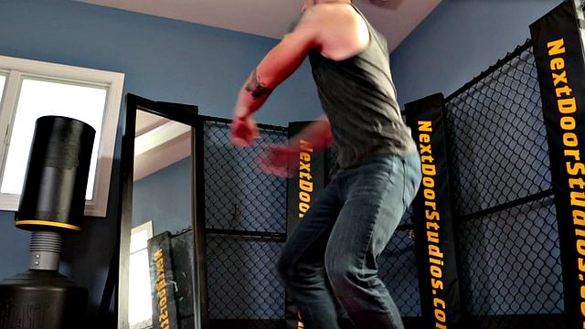 Tattooed stud masturbating in the gym