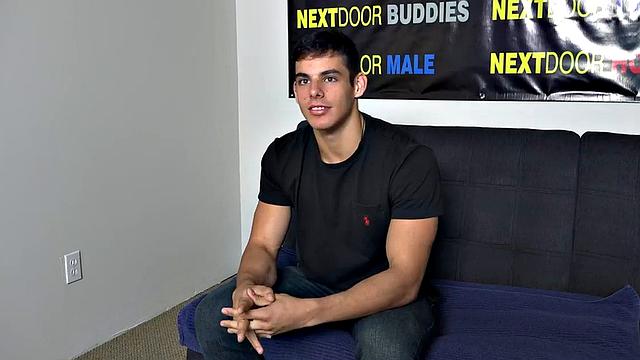 Athletic solo jock jerks his cock on casting