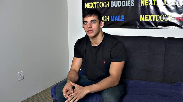 Athletic solo jock jerks his cock on casting