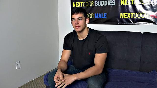 Athletic solo jock jerks his cock on casting