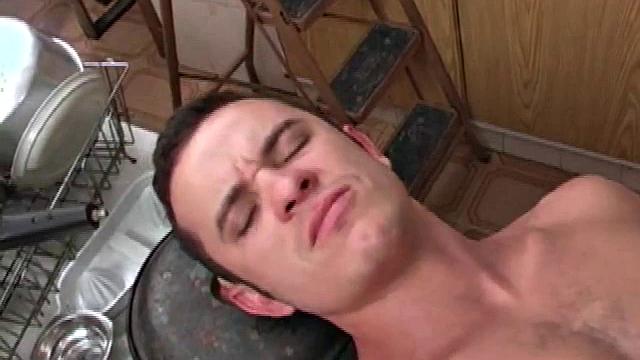 In the kitchen Richard Pene decides to call Gomez Aguilar to help fix it. Gomez gets on a ladder and Richard undresses him down to his extra-large dark dick.