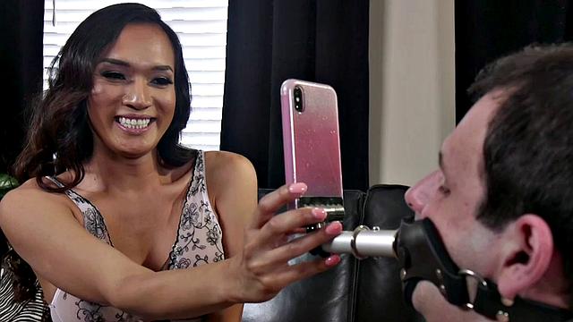 Dominant Latin TS cums on sub face after anal fucking