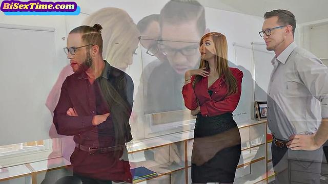 Busty lingerie babe handling bi cocks