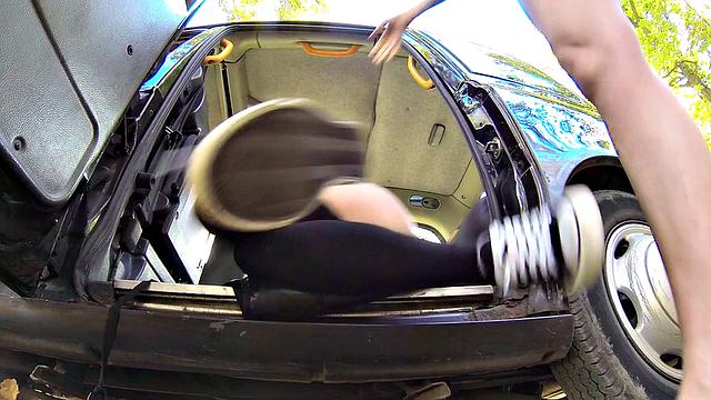 Brunette bombshell with a huge strap-on enjoys outdoor pussy play & wild dildo action