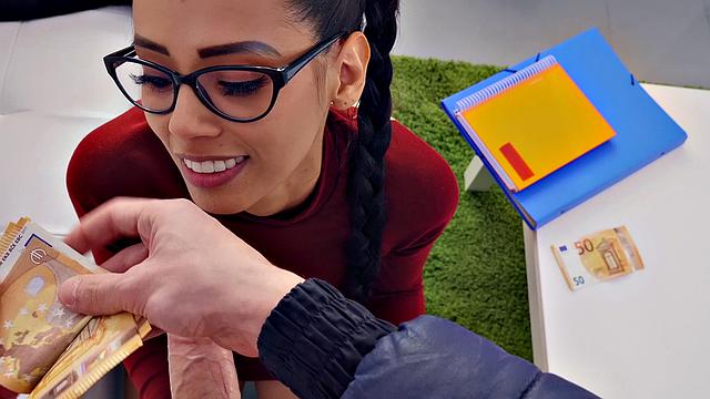 Latina with glasses gets her trimmed pussy and ass drilled in public