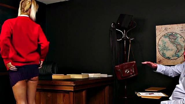 Uniformed student watches teacher wank in classroom